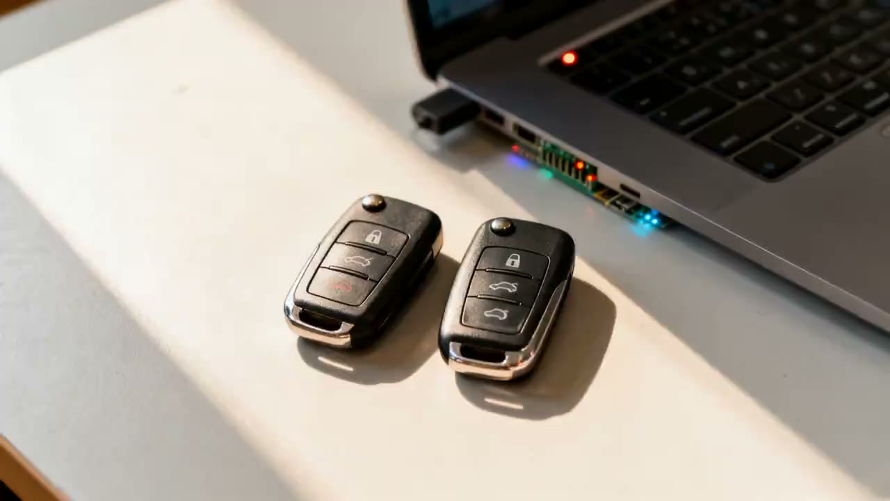 Two car key fobs on a dark workbench, one with its indicator lights lit