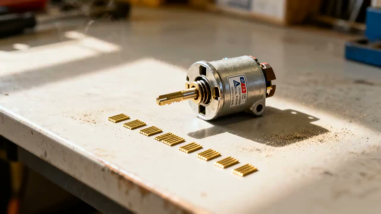 A disassembled ignition lock cylinder beside its brass wafer pins on a workbench