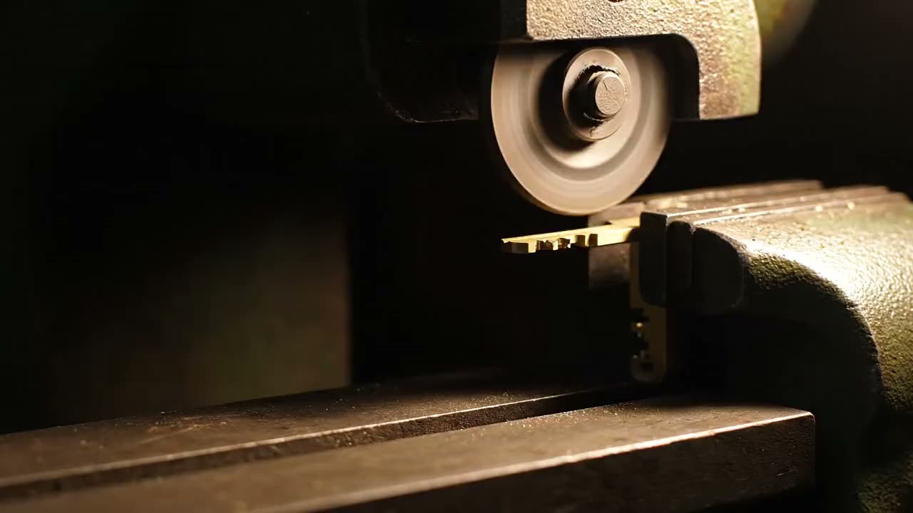 Key cutting machine cutting a brass key blank on a locksmith workbench