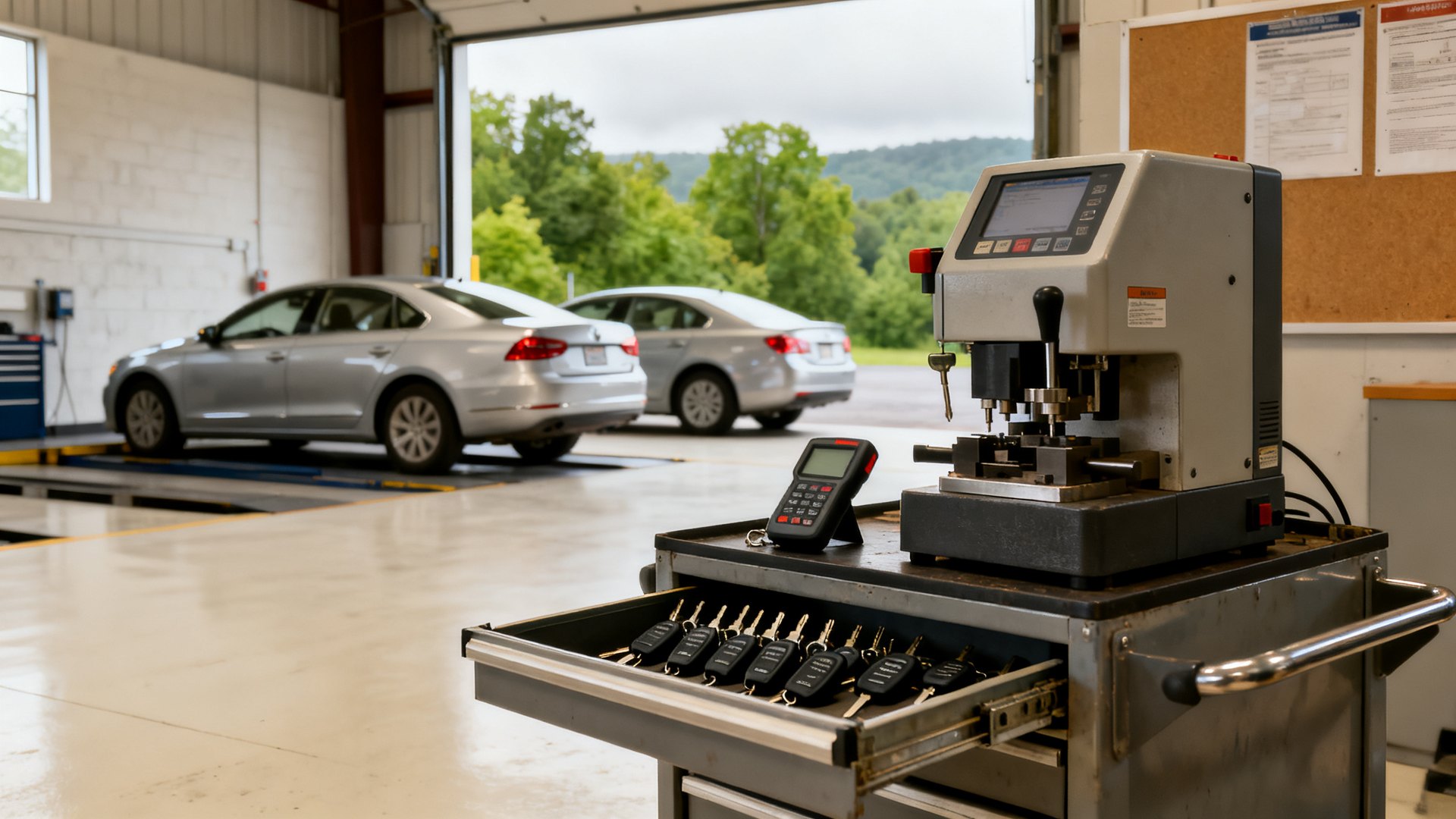 A key cutting machine and a drawer of blank remote fobs on a rolling cart in a dealership service bay