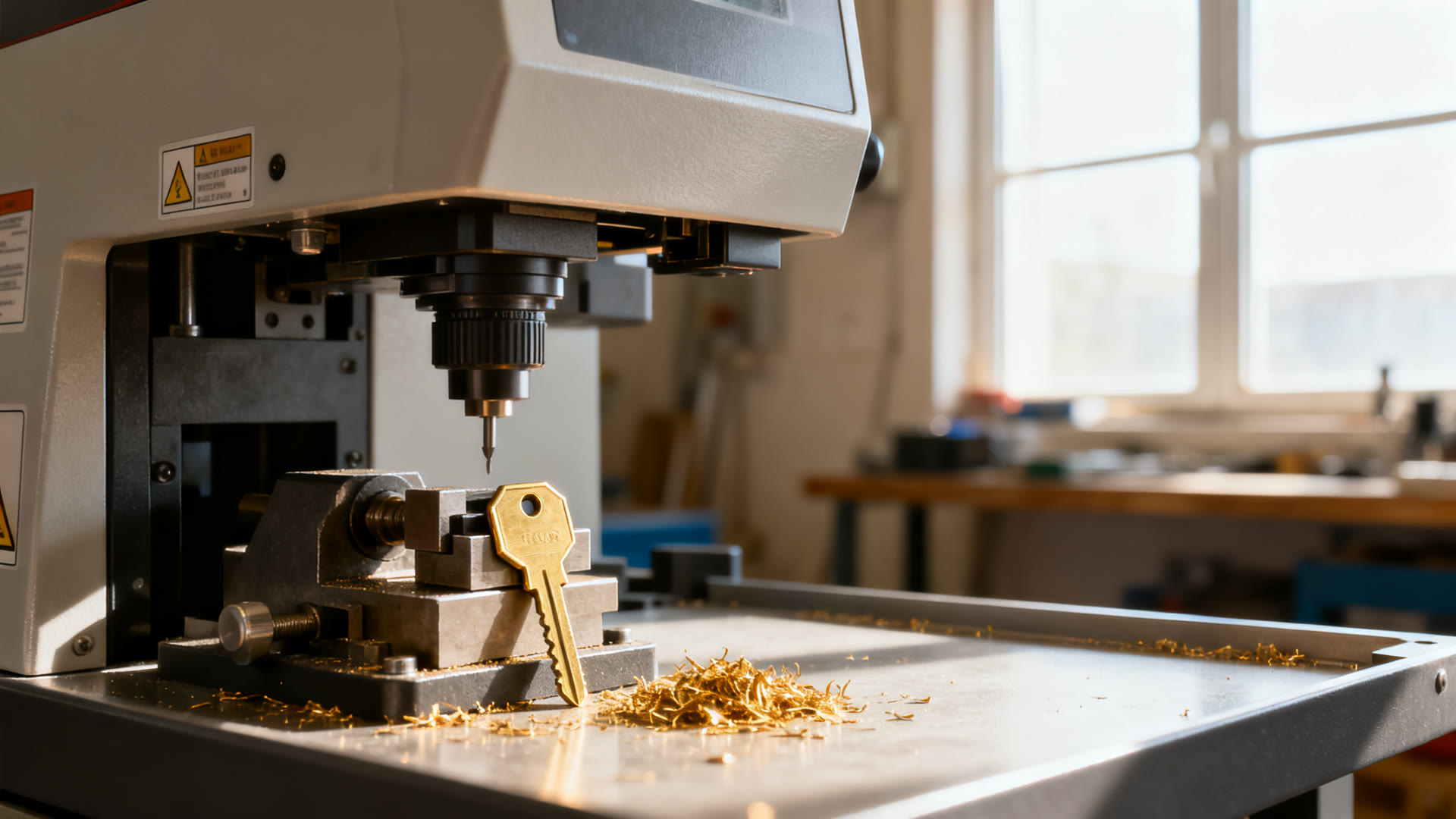 A laser key cutting machine mid-cut with a key blank clamped in the vise