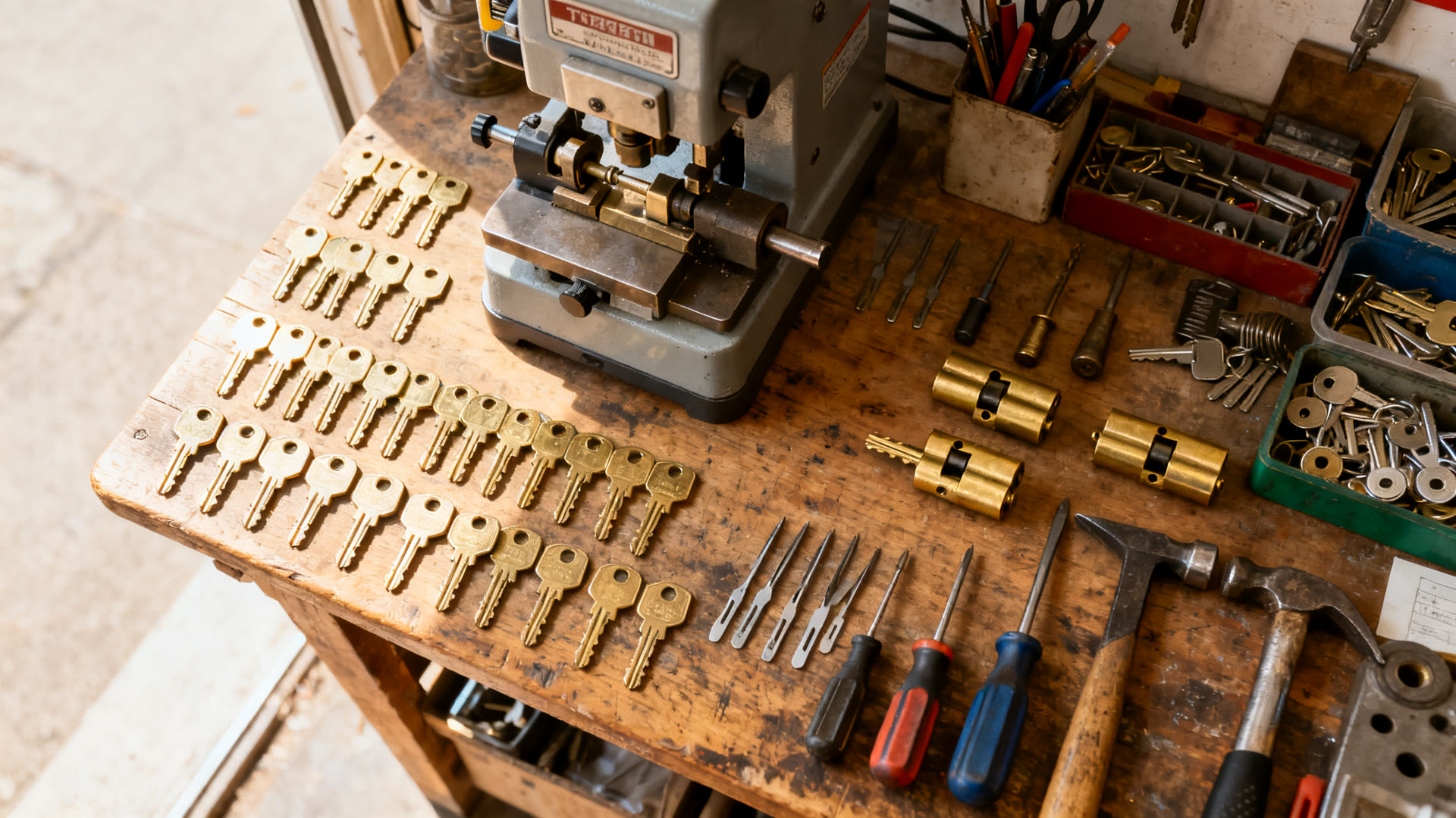 A locksmith workbench from above with a key machine, brass blanks and hand tools laid out