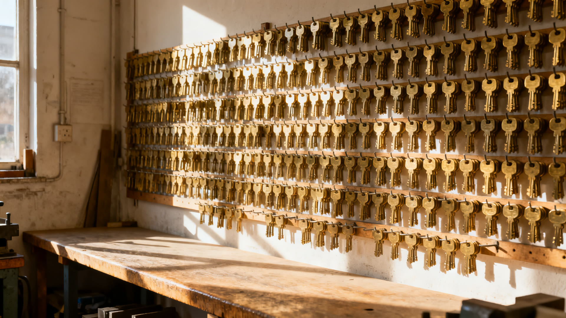 A wall rack densely hung with brass key blanks