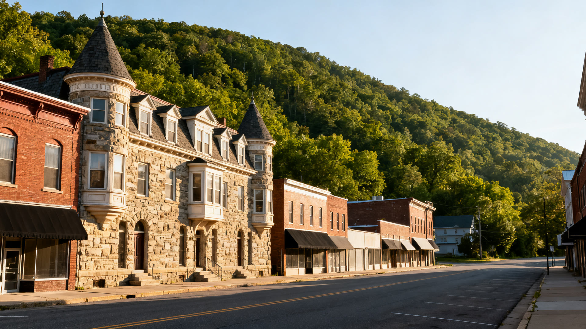 A historic Victorian small town street on a clear summer morning